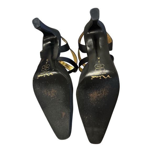 VINTAGE NINA SATIN BLACK CRISS CROSS STRAPY 3" HEELS W GOLD TONE LINED SZ 9 - Picture 6 of 6